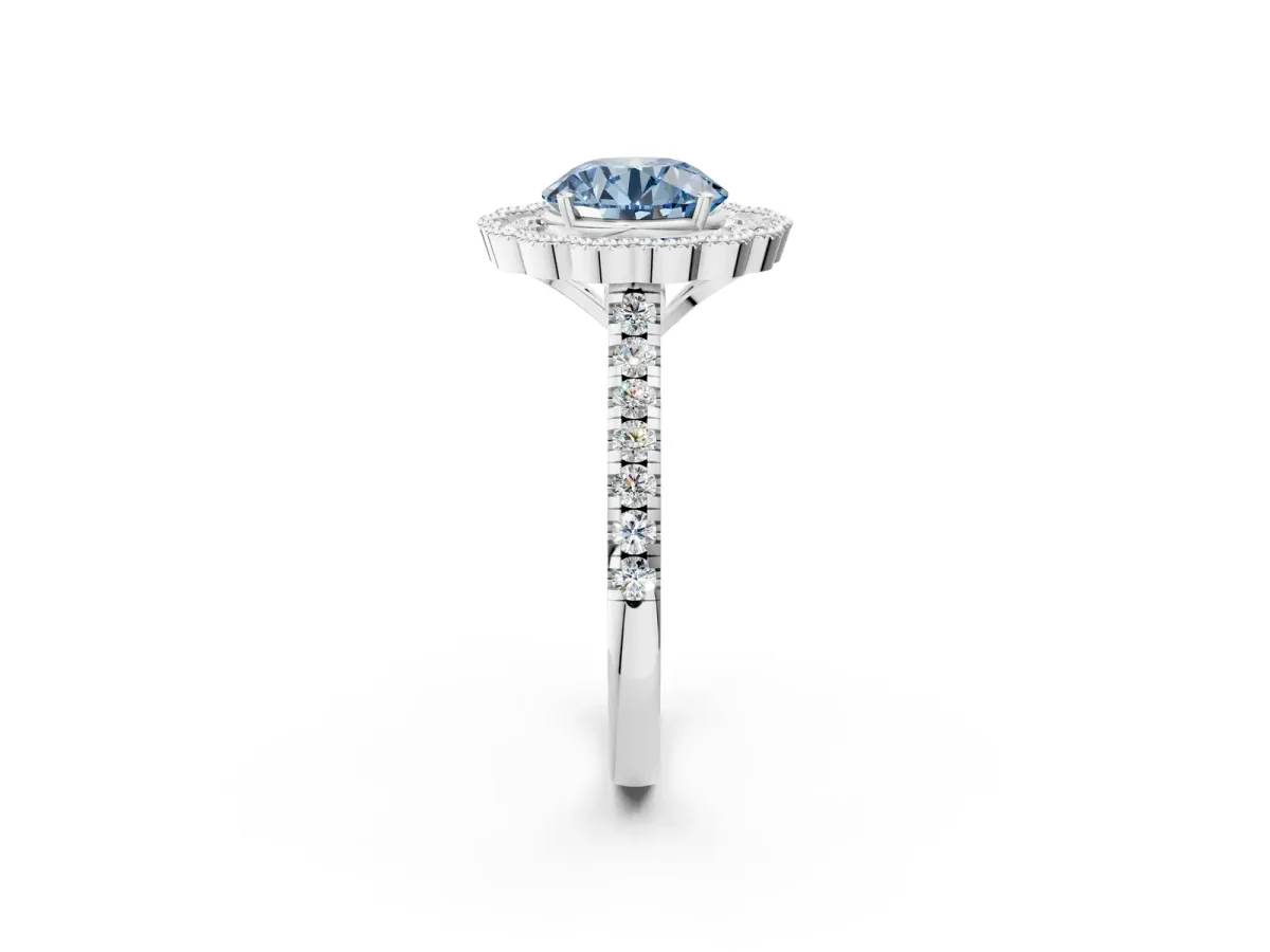 Fancy Blue Round Cut Cut Diamond Milgrain Floral Halo Engagement Ring with Pavé Band Silver