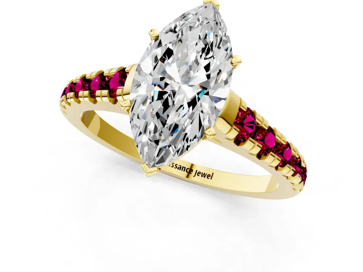 Marquise Cut Diamond Cathedral Solitaire Ring with Round Garnet Pavé Band Yellow gold