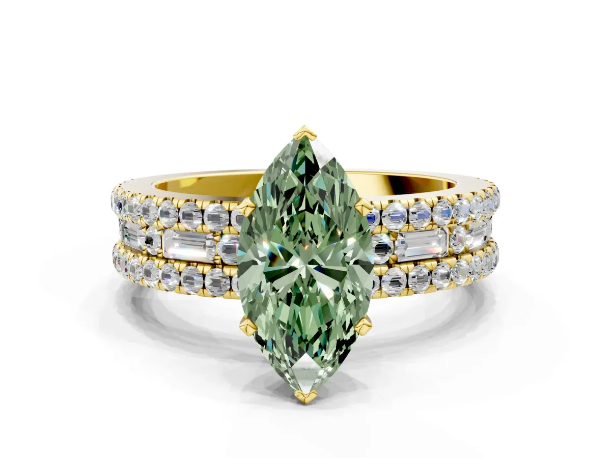 Fancy Green Marquise Cut Diamond Solitaire Ring with Pavé and Channel Set Band Yellow gold