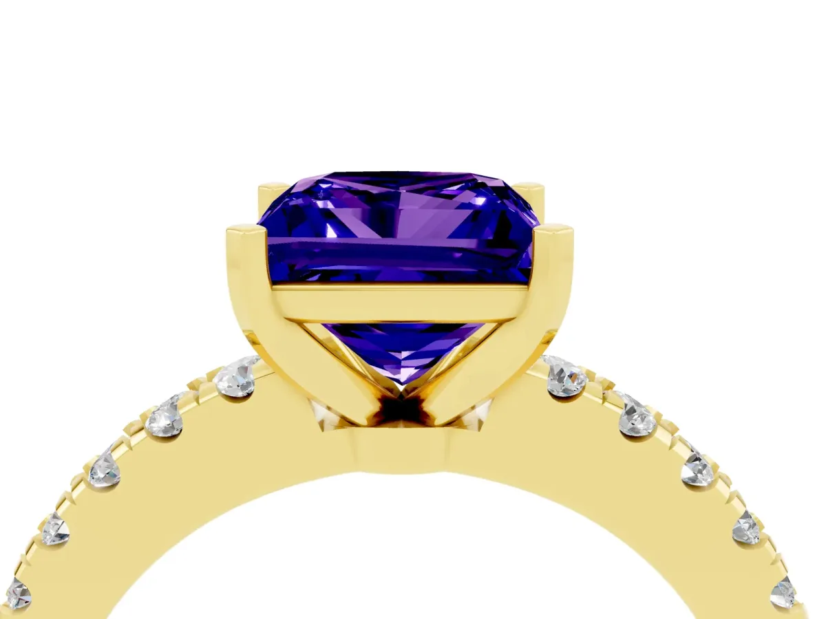 Princess Cut Solitaire Tanzanite with Pavé Band and Four-Prong Setting Yellow gold