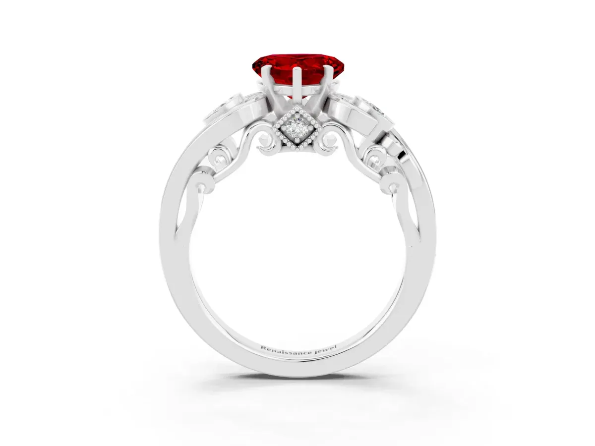 Heart Cut Ruby Solitaire Ring with Milgrain Pavé Band and Four-Prong Setting Platinum