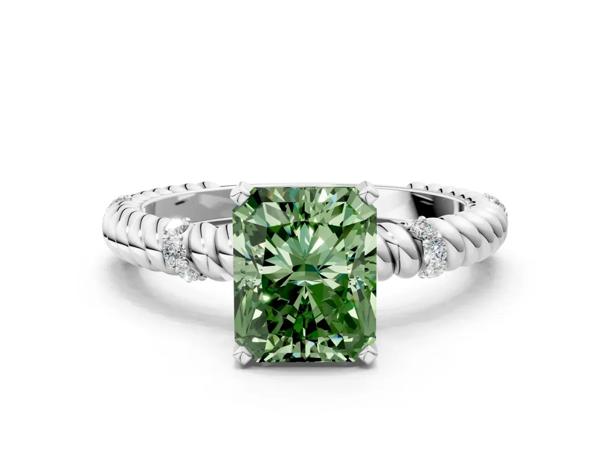 Fancy Green Radiant Cut Solitaire Twisted Band Prong Set Engagement Ring Platinum