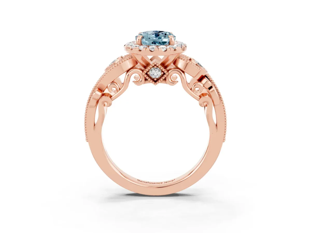 Oval Cut Aquamarine Halo Ring with Milgrain Pavé Band and Four-Prong Setting Rose gold