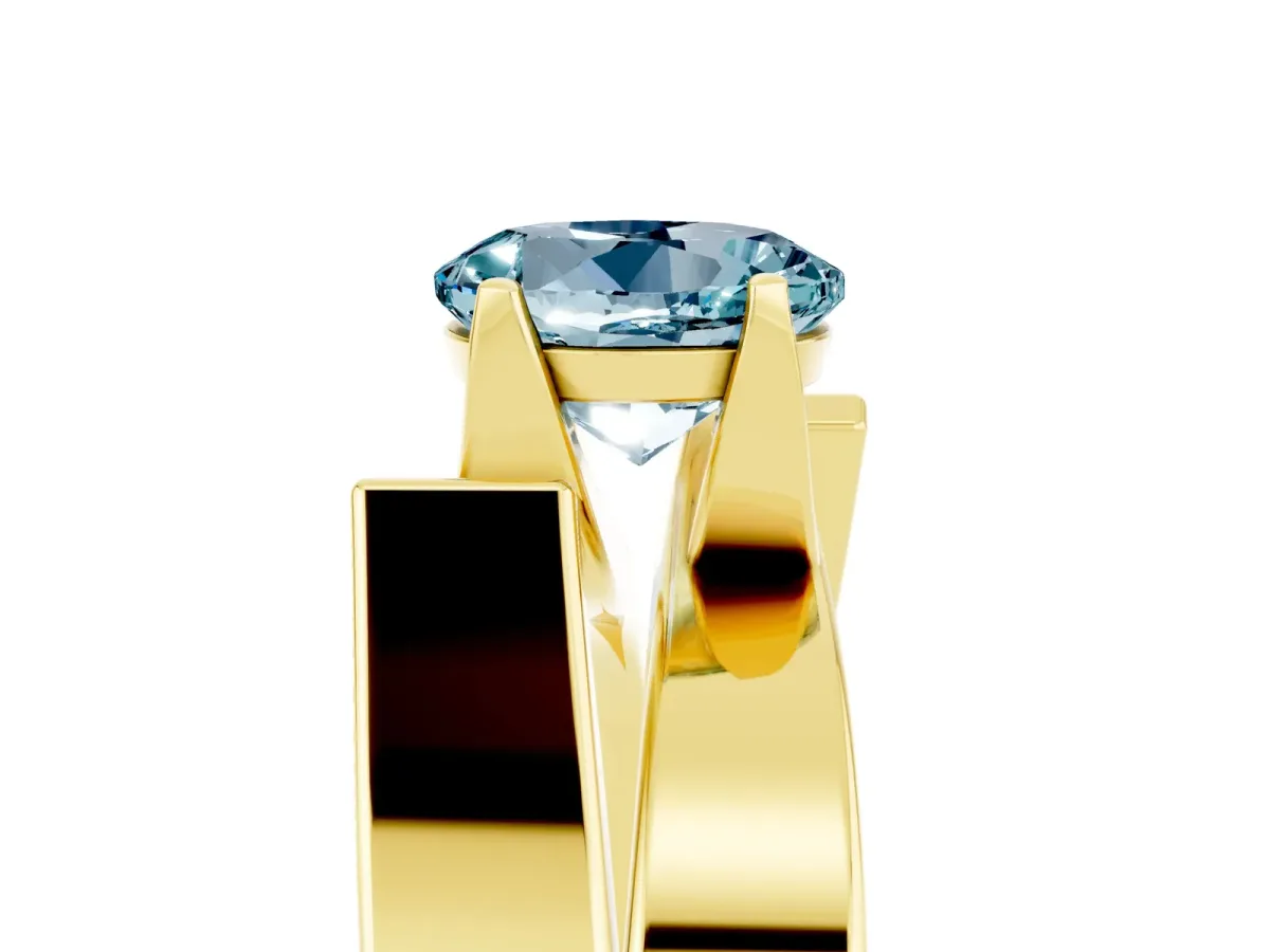 Modern Tension Set Round Cut Aquamarine Solitaire Wide Band Ring Yellow gold