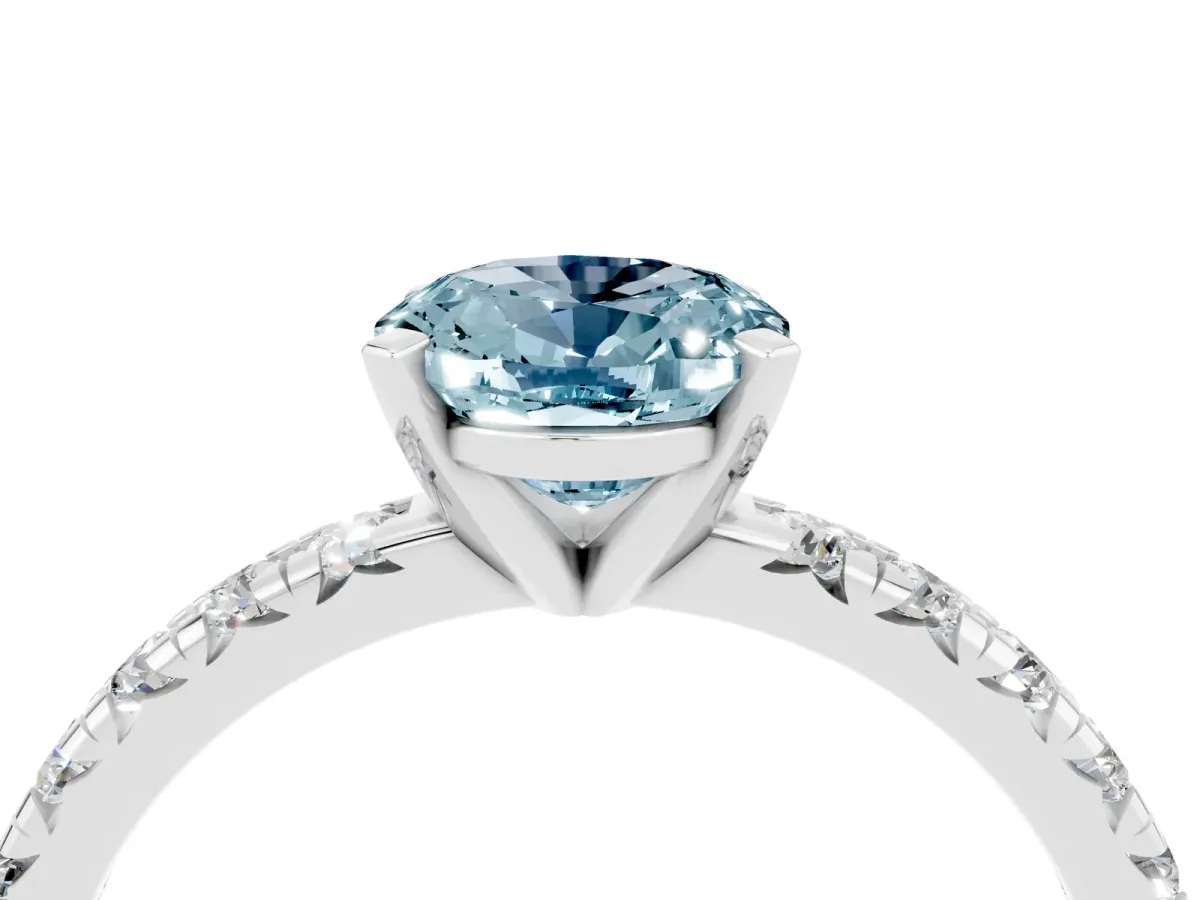Oval Cut Aquamarine Solitaire Pavé Engagement Ring with Round Band and Prong Setting White gold
