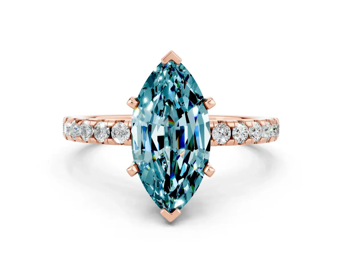 Marquise Cut Blue Topaz Solitaire Ring with Round Pavé Band and Four-Prong Setting Rose gold