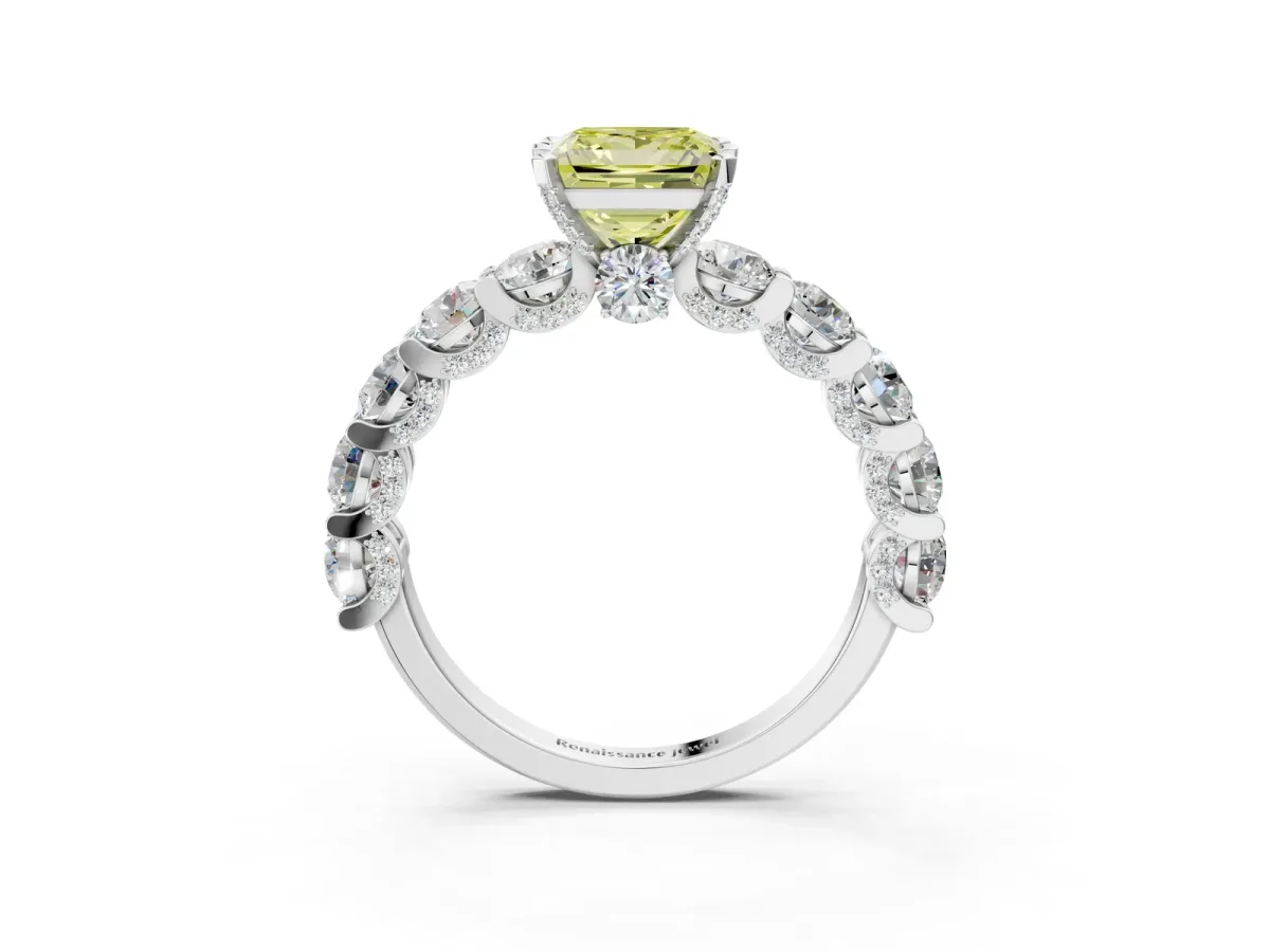 Fancy Yellow Princess Cut Diamond Side Stone Engagement Ring with Four-Prong Setting Silver