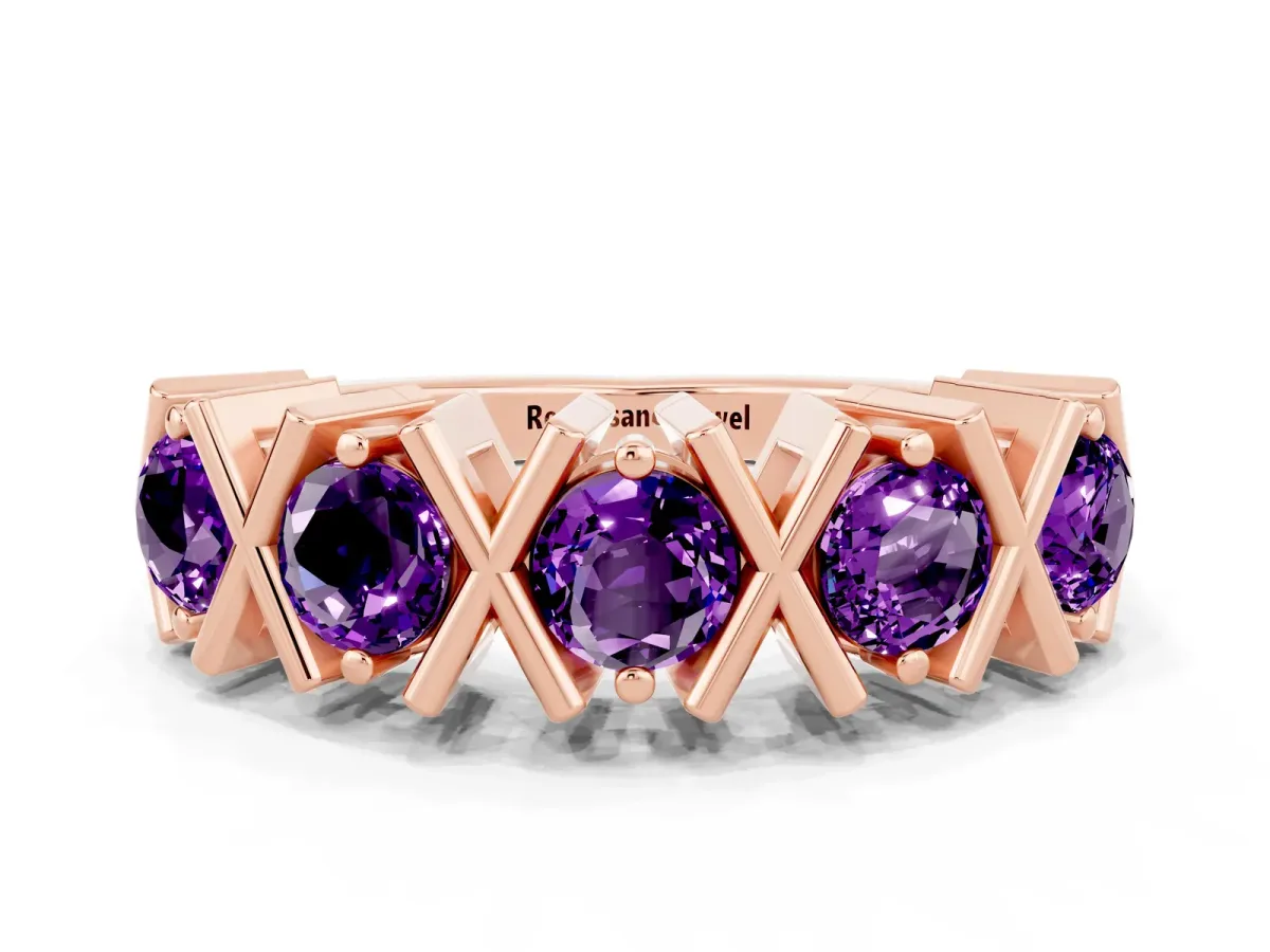 Round Amethyst Channel Set Band with X-Prong Detail Rose gold