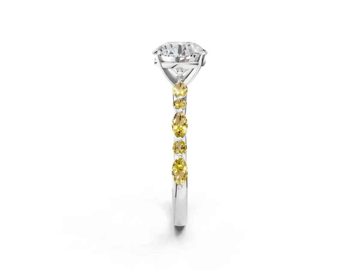 Round Cut Diamond Ring with Marquise and Round Yellow Sapphire Side Stones and Four-Prong Setting Platinum