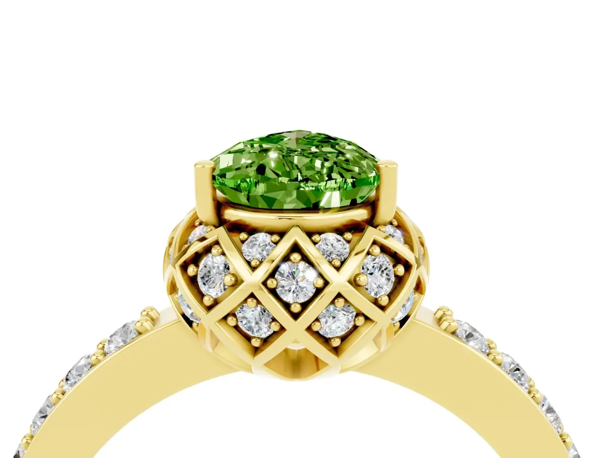 Pear Cut Peridot Scalloped Halo Engagement Ring with Round Shared Prong Band Yellow gold