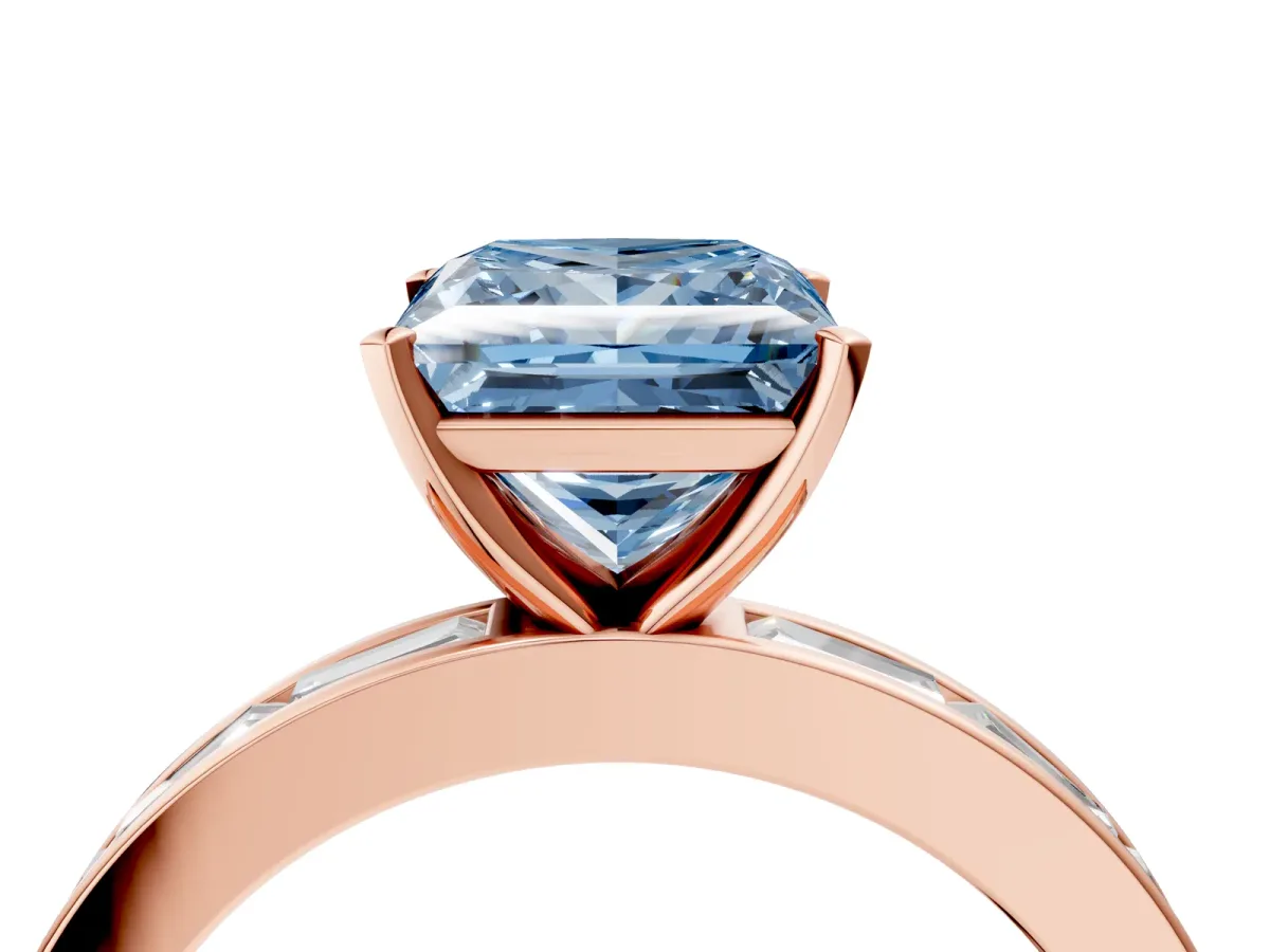 Fancy Blue Princess Cut Solitaire Diamond Ring with Channel-Set Baguette Band and Four-Prong Setting Rose gold