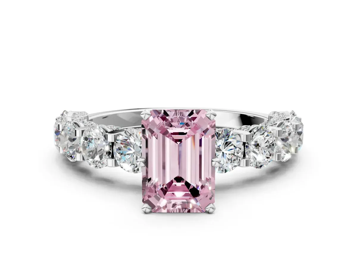 Fancy Pink Emerald Cut Diamond Side Stone Engagement Ring with Four-Prong Setting Platinum
