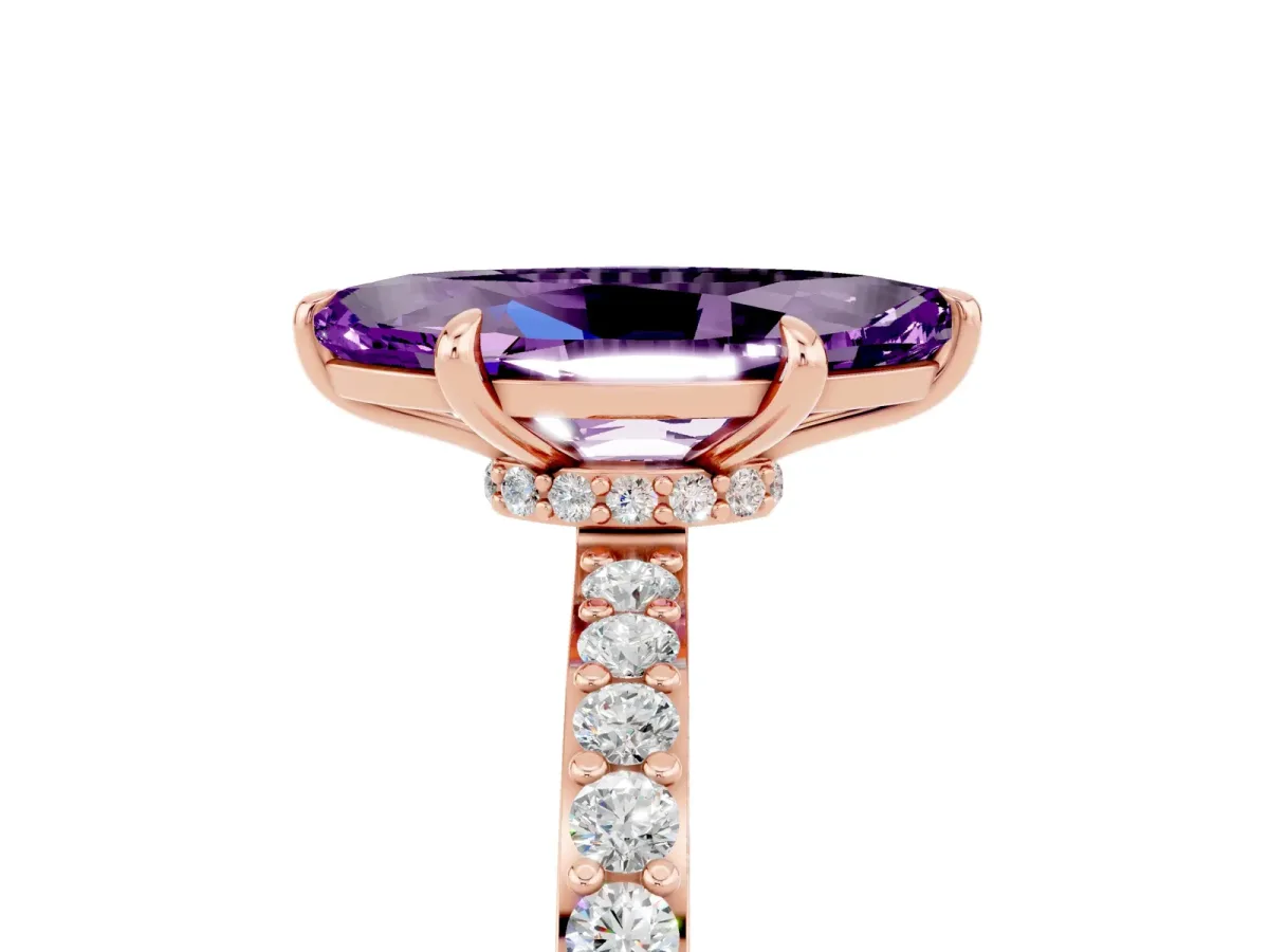 Marquise Cut Amethyst Solitaire Engagement Ring with Pavé Band and Four-Prong Setting Rose gold