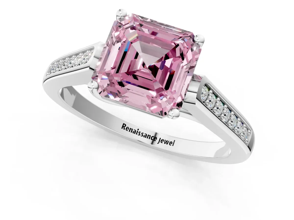 Fancy Pink Asscher Cut Solitaire Cathedral Diamond Engagement Ring with Channel-Set Band and Four-Prong Setting Platinum