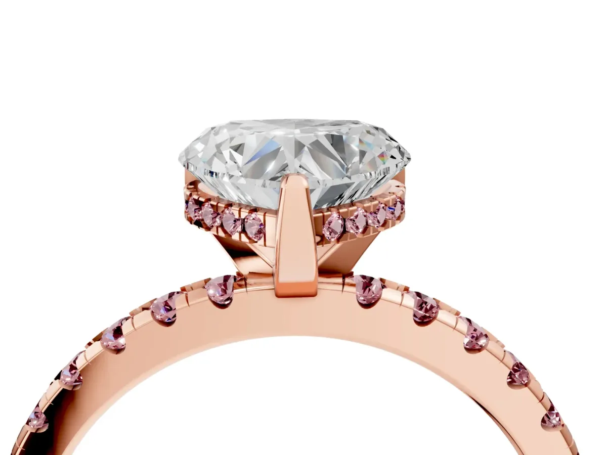Heart Cut Diamond Solitaire Ring with Round Morganite Pavé Band and Four-Prong Setting Rose gold