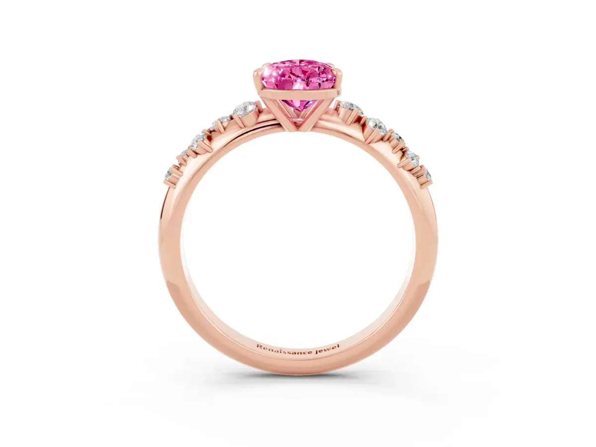 Pear Cut Pink Sapphire Cluster Side Stone Solitaire Ring with Prong Setting Rose gold