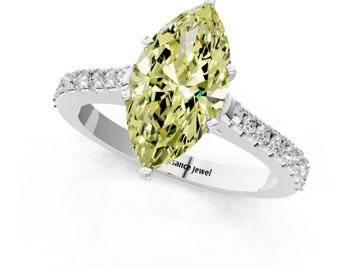 Fancy Yellow Marquise Cut Cut Solitaire Diamond Engagement Ring with Pave Band and Four-Prong Setting White gold