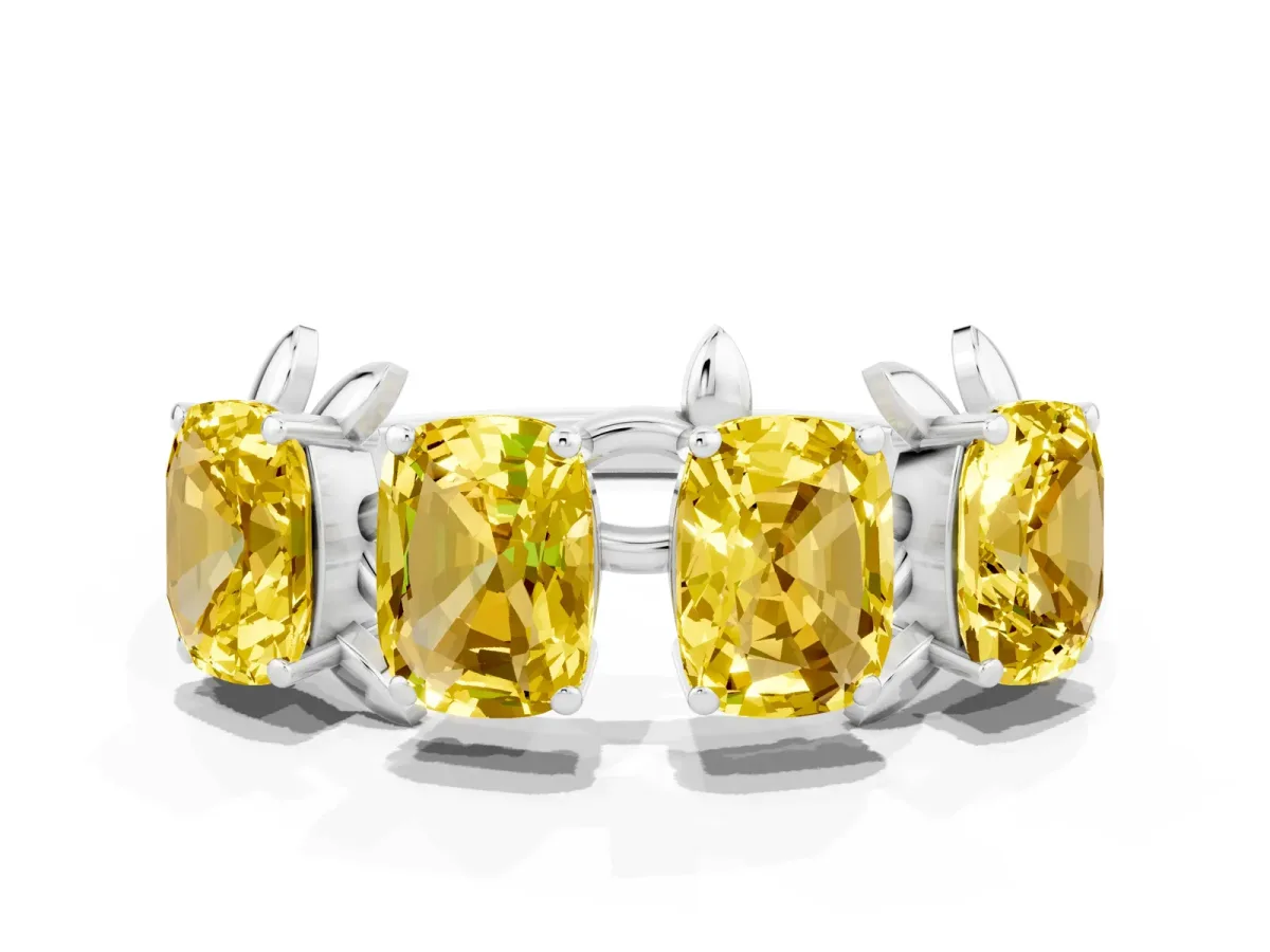 Four-Stone Elongated Cushion Yellow Sapphire Band with Nature-Inspired Prong Setting White gold
