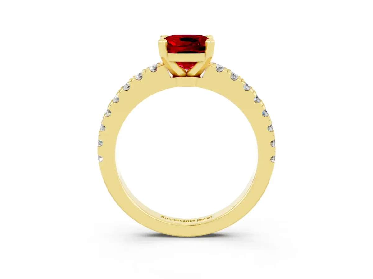 Cushion Cut Solitaire Ruby with Pavé Band and Four-Prong Setting Yellow gold