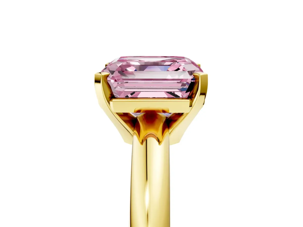Fancy Pink Asscher Cut Diamond Solitaire Engagement Ring with Round Band and Four-Prong Setting Yellow gold