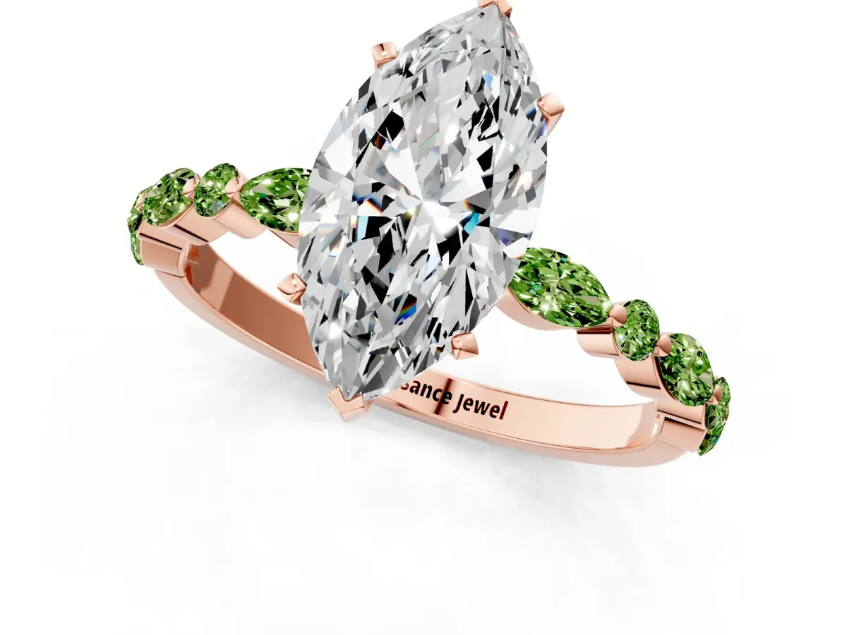 Marquise Cut Diamond Ring with Marquise and Round Peridot Side Stones and Four-Prong Setting Rose gold
