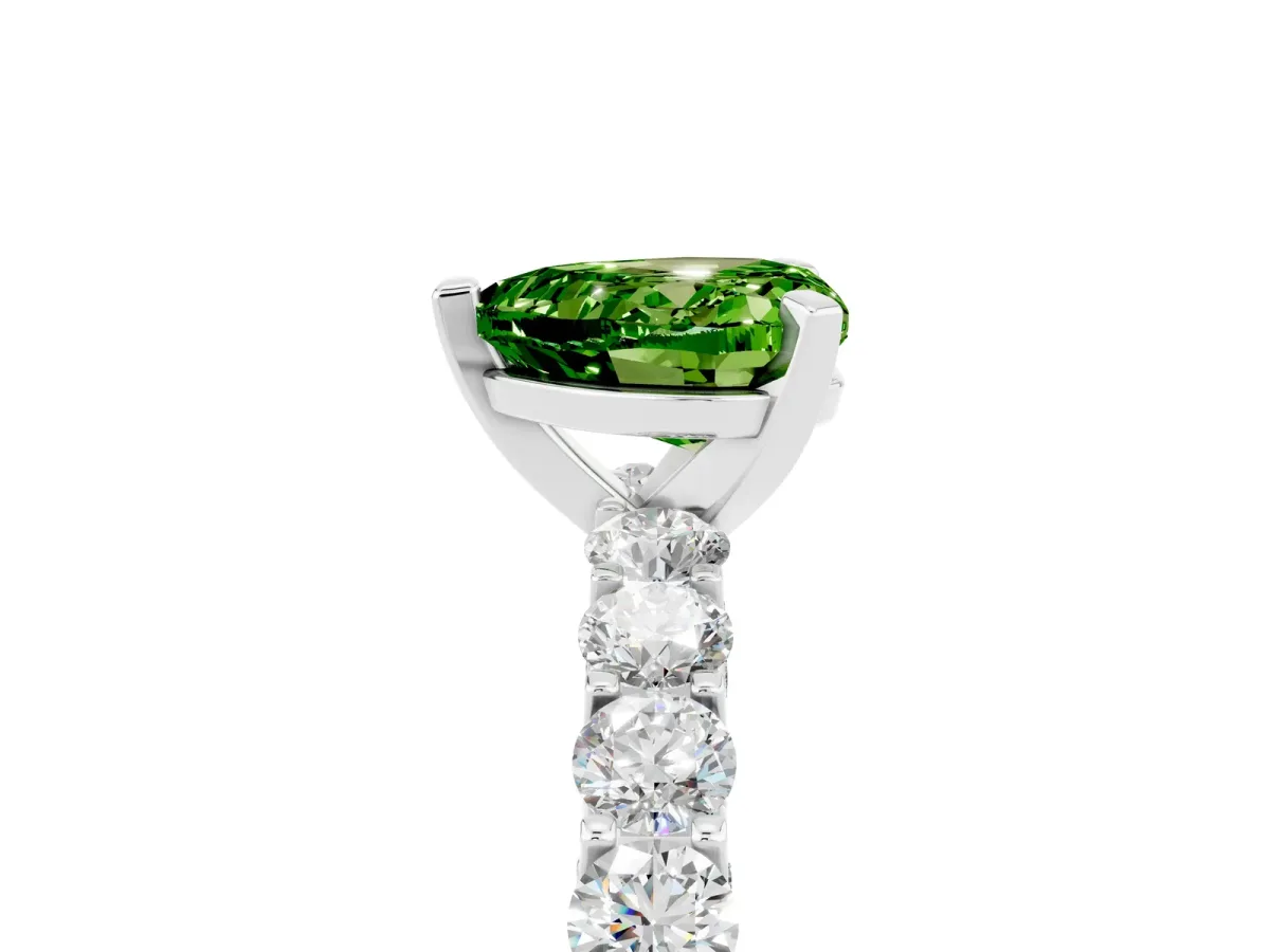 Heart Cut Peridot Solitaire Ring with Shared Prong Pavé Band and Four-Prong Setting Silver