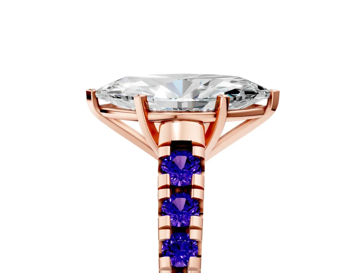 Marquise Cut Diamond Cathedral Solitaire Ring with Round Tanzanite Pavé Band Rose gold