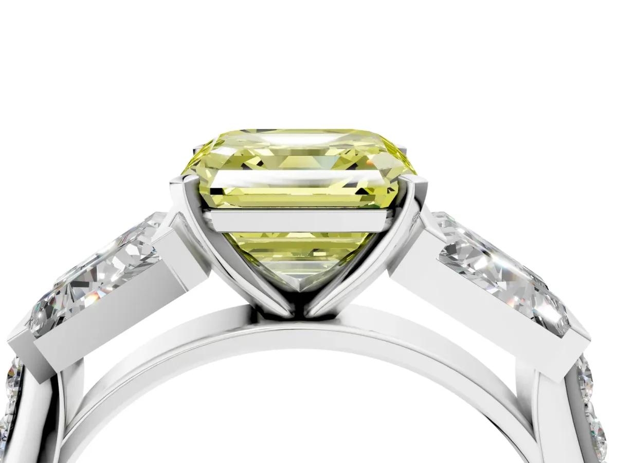 Fancy Yellow Asscher Cut Diamond Engagement Ring with Baguette Side Stones and Channel Set Band Platinum