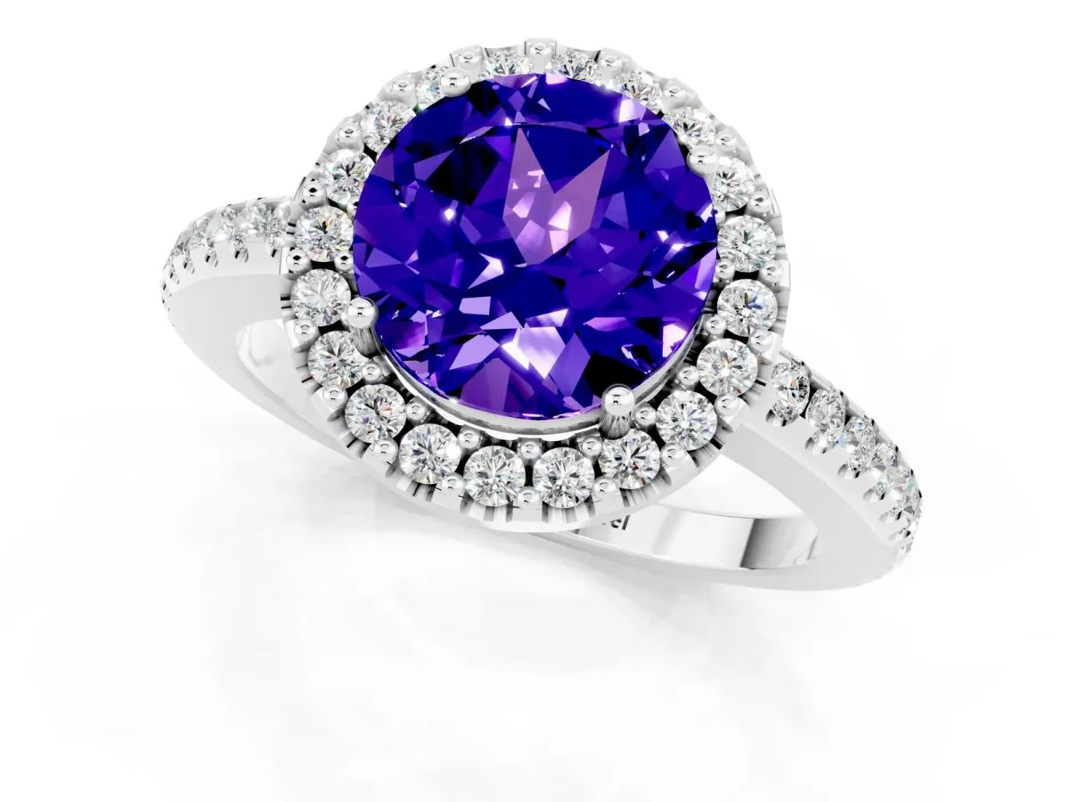 Round Cut Tanzanite Pavé Halo Ring with Four-Prong Setting Platinum