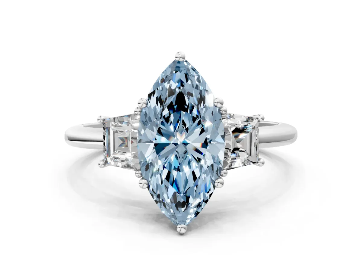 Fancy Blue Marquise Cut Diamond Three-Stone Ring with Trapezoid Side Stones and Prong Setting Platinum