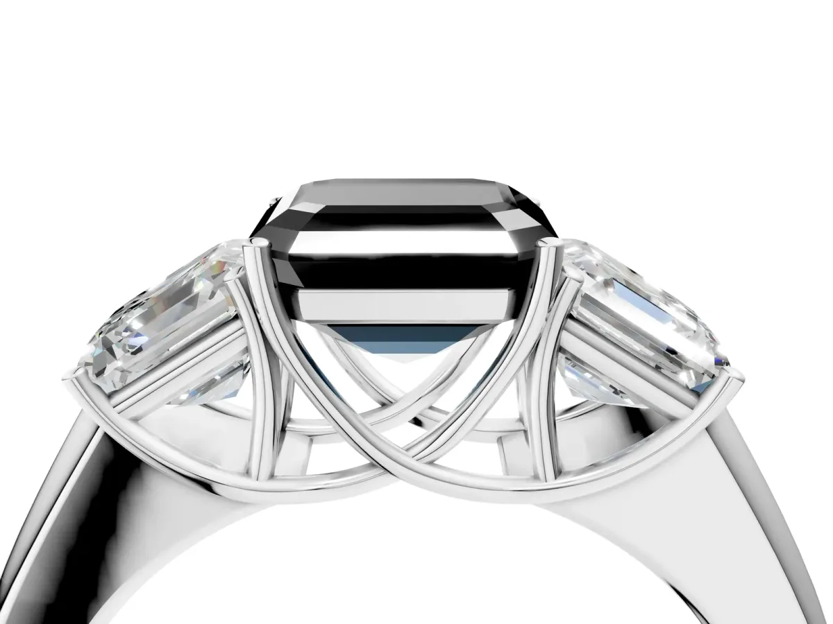 Fancy Black Three-Stone Asscher Cut Cut Diamond Ring with Prong Setting and Classic Band Platinum