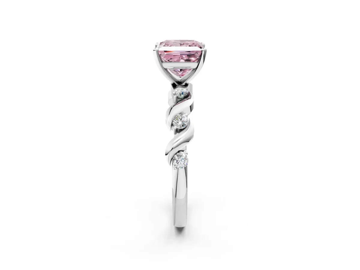 Fancy Pink Princess Cut Diamond Solitaire Twisted Band with Round Accents and Prong Setting White gold