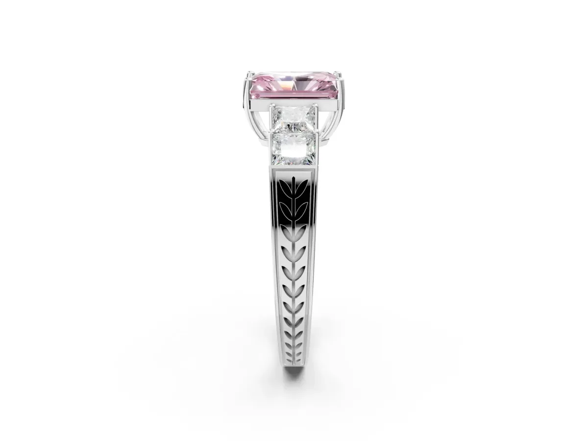 Fancy Pink Radiant Cut Solitaire Princess Side Stone Engraved Band Prong Setting Ring Silver