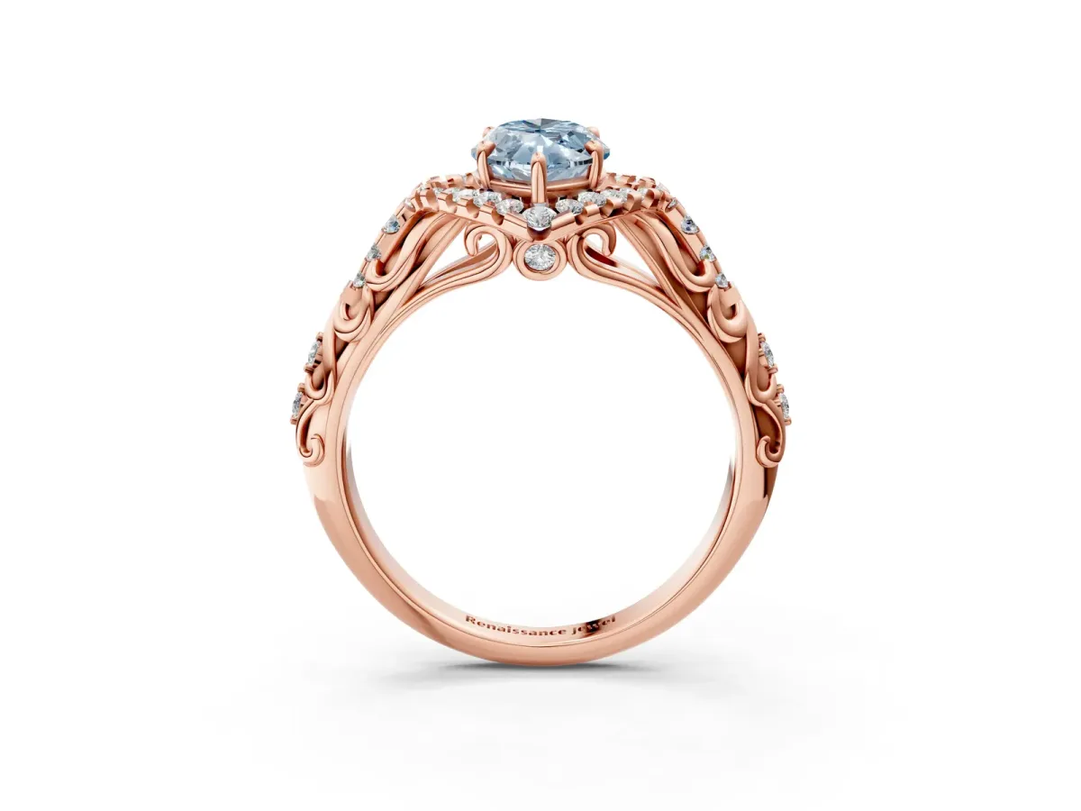 Fancy Blue Marquise Cut Diamond Solitaire Ring with Hidden Halo and Pavé Band Rose gold