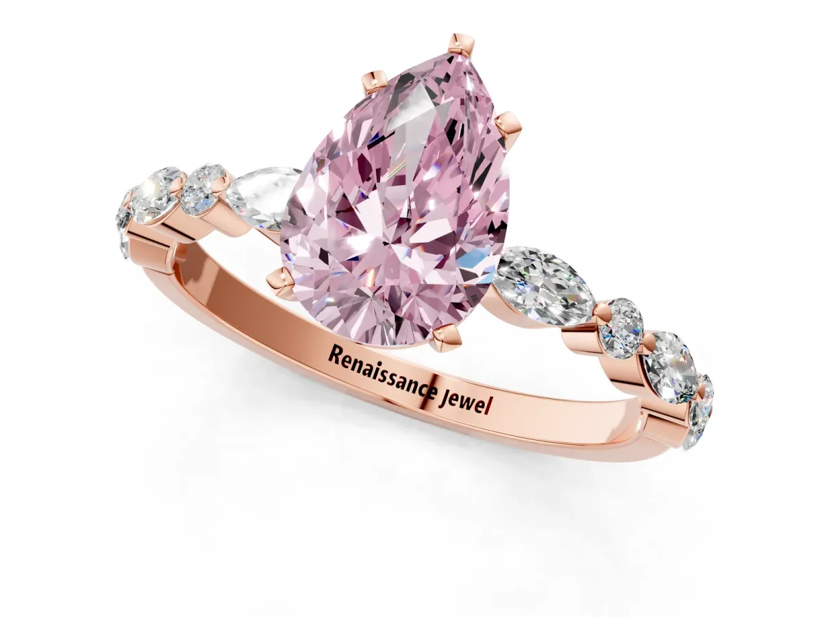 Fancy Pink Pear Cut Diamond Ring with Marquise and Round Side Stones and Four-Prong Setting Rose gold