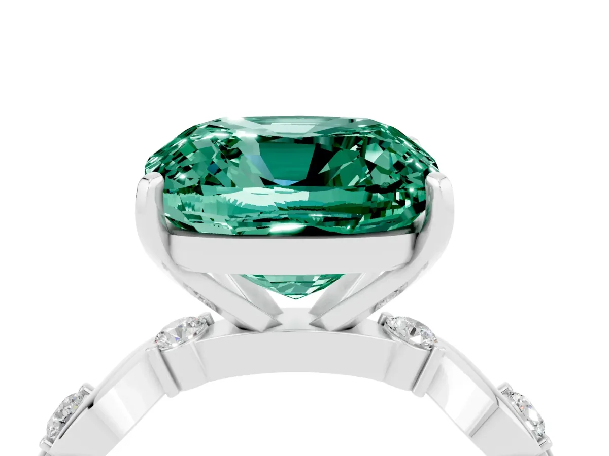 Cushion Cut Green Sapphire Solitaire Twisted Band with Round Accents and Prong Setting Platinum