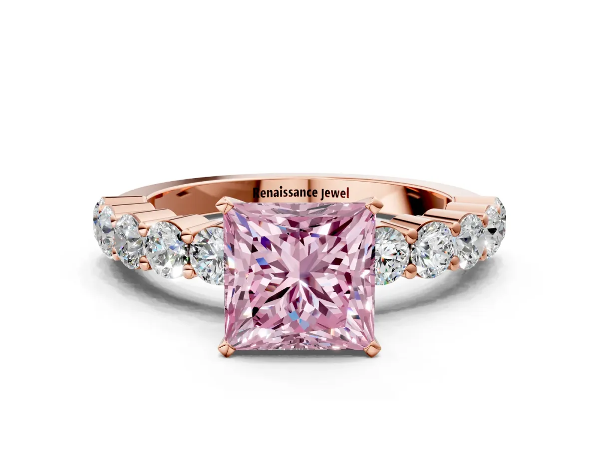 Fancy Pink Princess Cut Diamond Solitaire Ring with Shared Prong Round Side Stones Rose gold