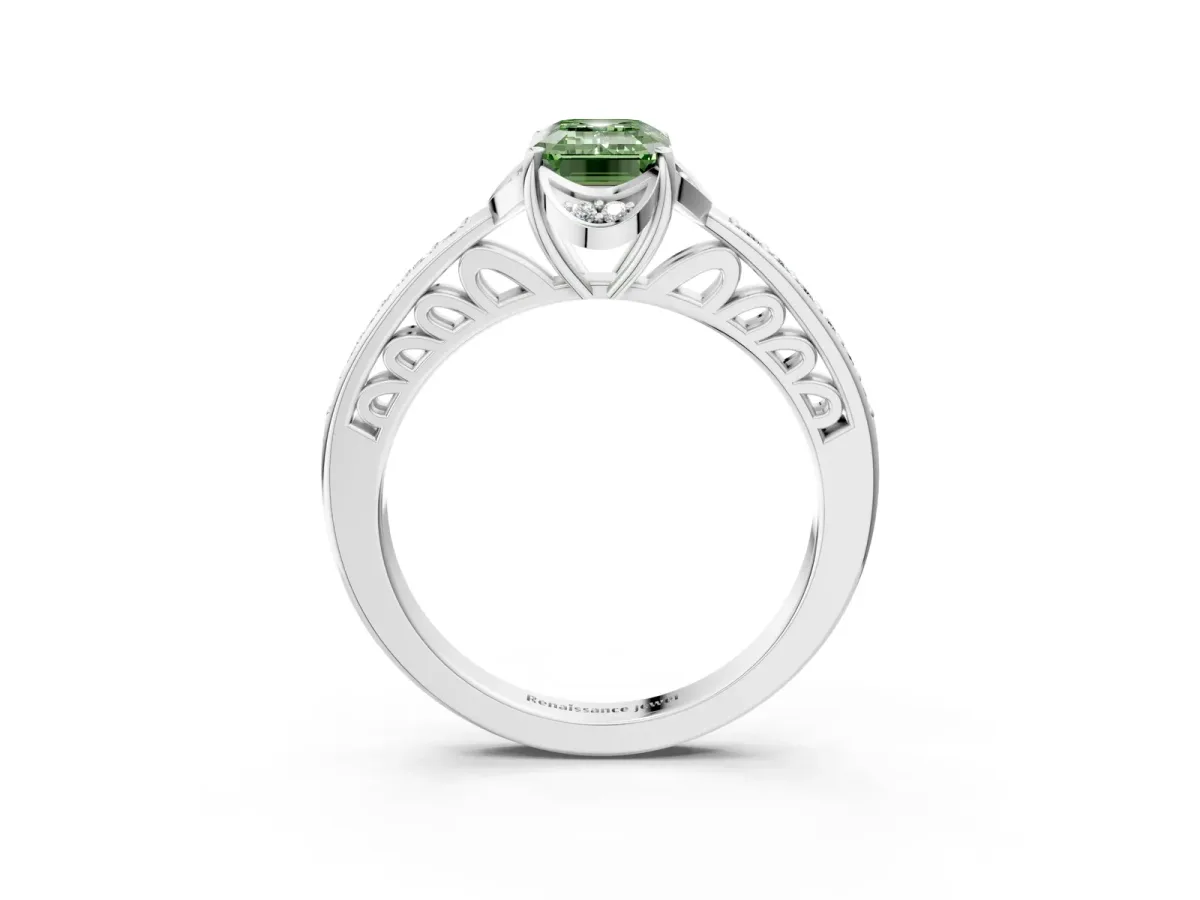 Fancy Green Emerald Cut Cut Halo Diamond Ring with Channel Set Band and Four-Prong Setting White gold