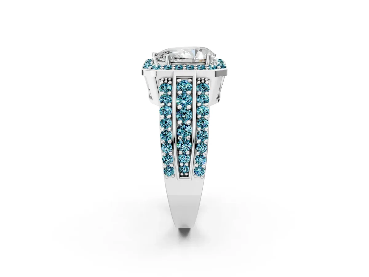 Pear Cut Halo Diamond Ring with Round Blue Topaz Split Shank and Prong Setting Platinum