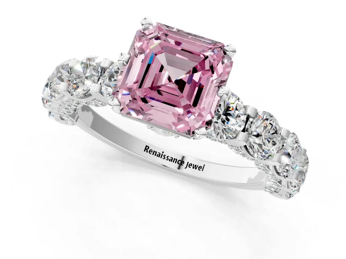 Fancy Pink Asscher Cut Diamond Side Stone Engagement Ring with Four-Prong Setting Platinum