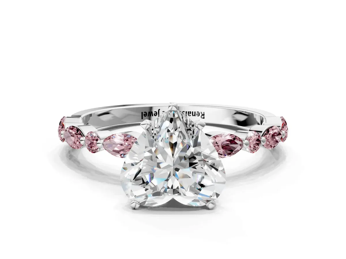 Heart Cut Diamond Ring with Marquise and Round Morganite Side Stones and Four-Prong Setting White gold