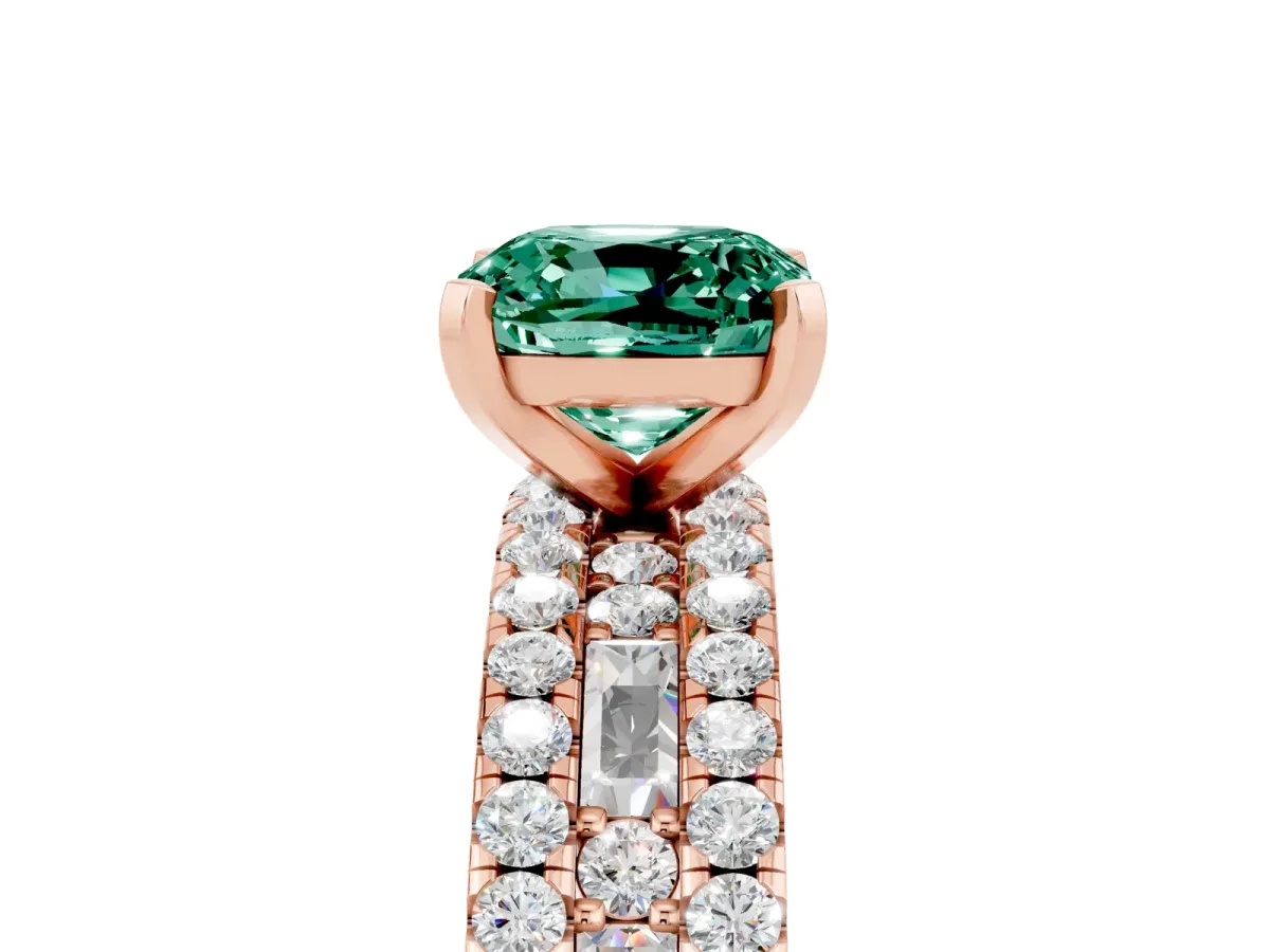 Cushion Cut Green Sapphire Solitaire Ring with Pavé and Channel Set Band Rose gold