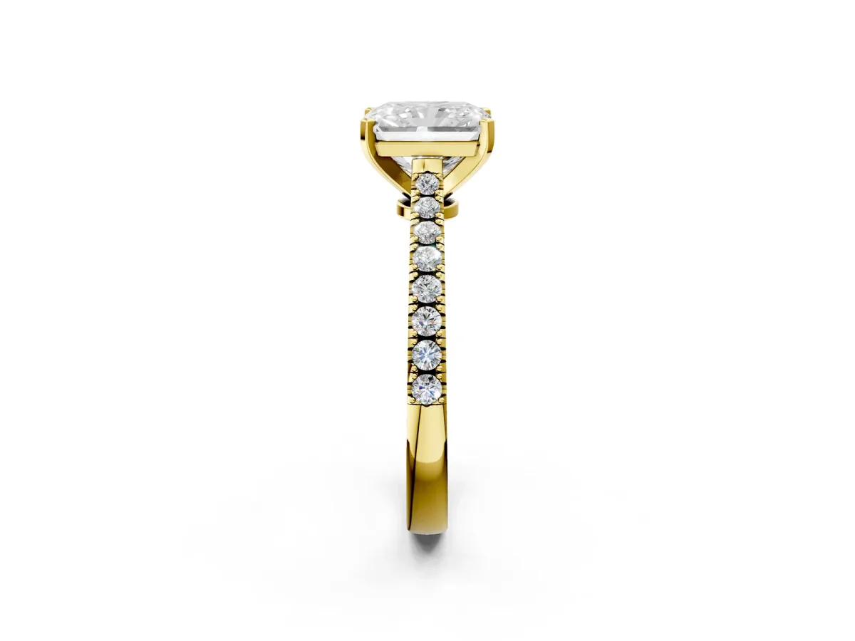 Radiant Cut Cut Solitaire Diamond Engagement Ring with Pave Band and Four-Prong Setting Yellow gold