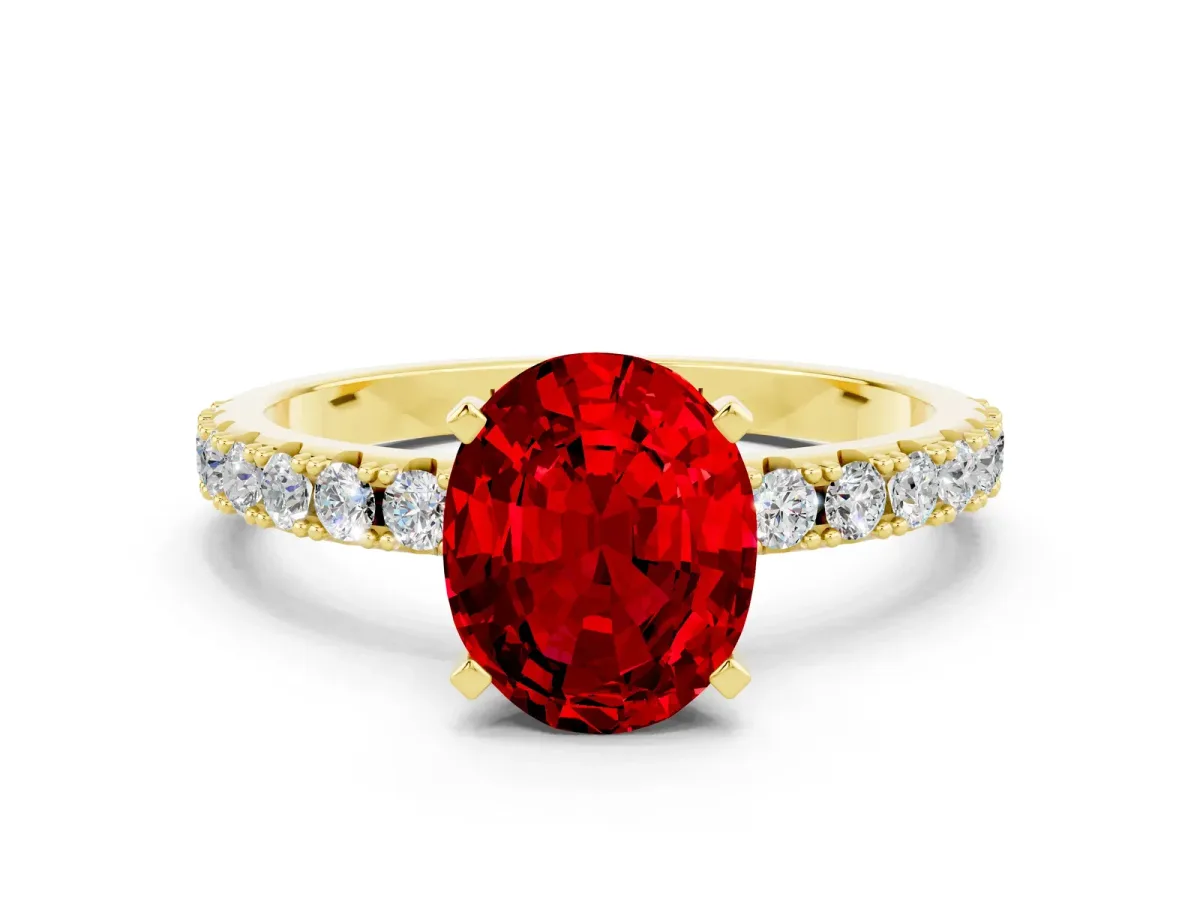 Oval Cut Ruby Solitaire Pavé Band with Four-Prong Setting Yellow gold