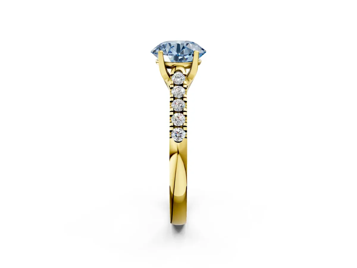 Fancy Blue Round Cut Diamond Pavé Band Solitaire Ring with Prong Setting Yellow gold