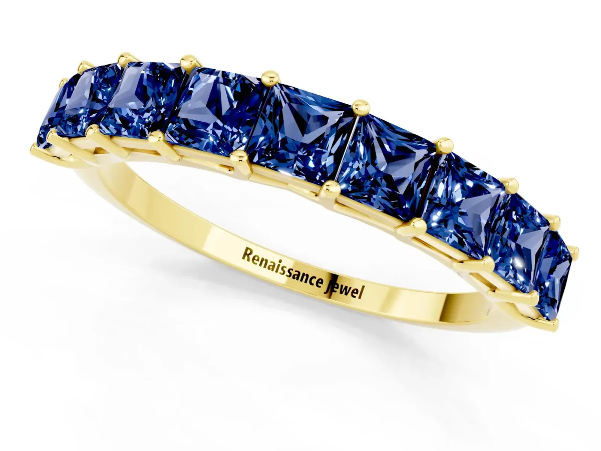 Princess Cut Blue Sapphire Channel-Set Eternity Band with Prong Setting Yellow gold