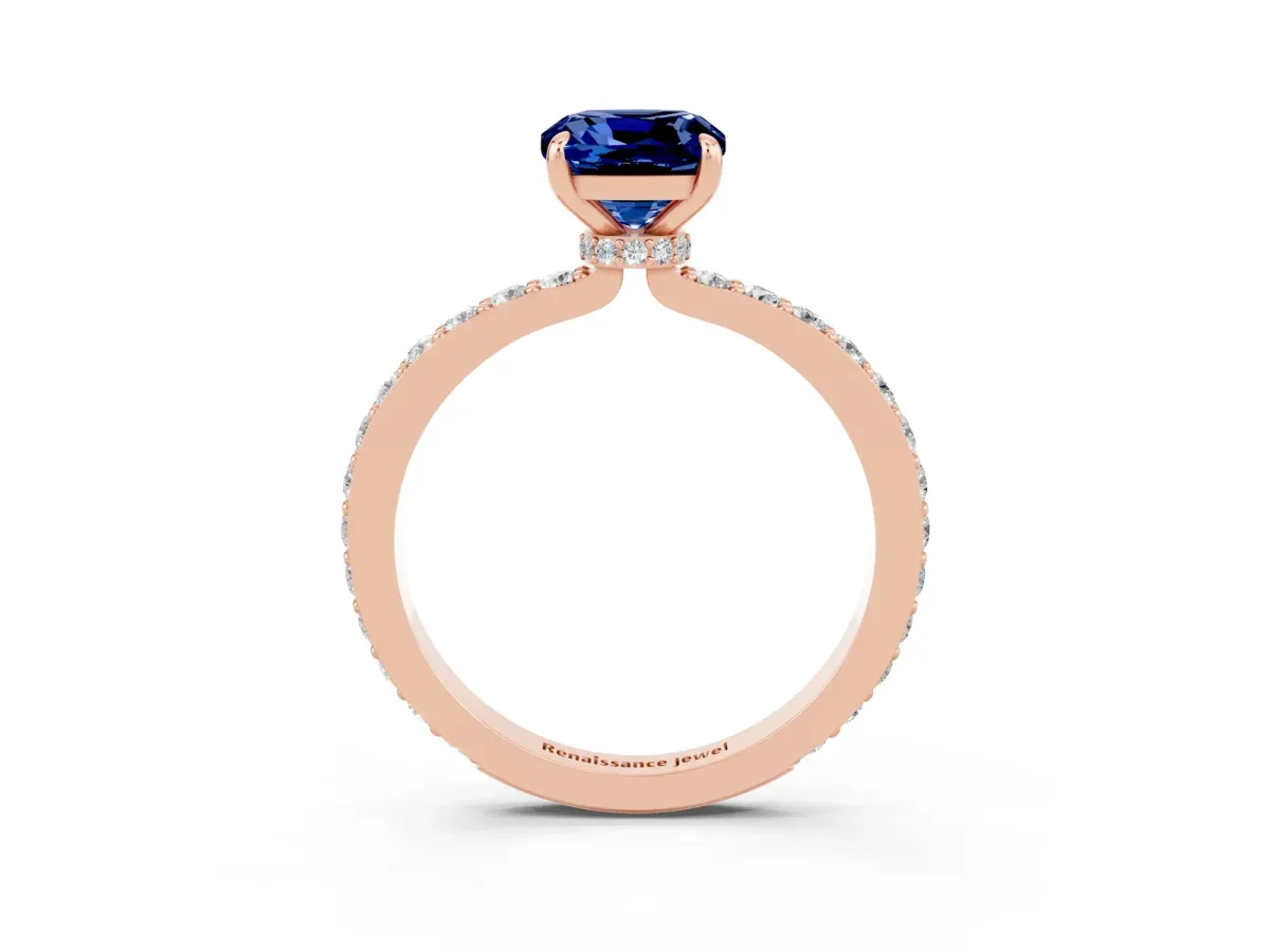 Cushion Cut Blue Sapphire Solitaire Engagement Ring with Pavé Band and Four-Prong Setting Rose gold