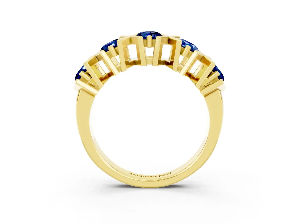 Round Blue Sapphire Channel Set Band with X-Prong Detail Yellow gold