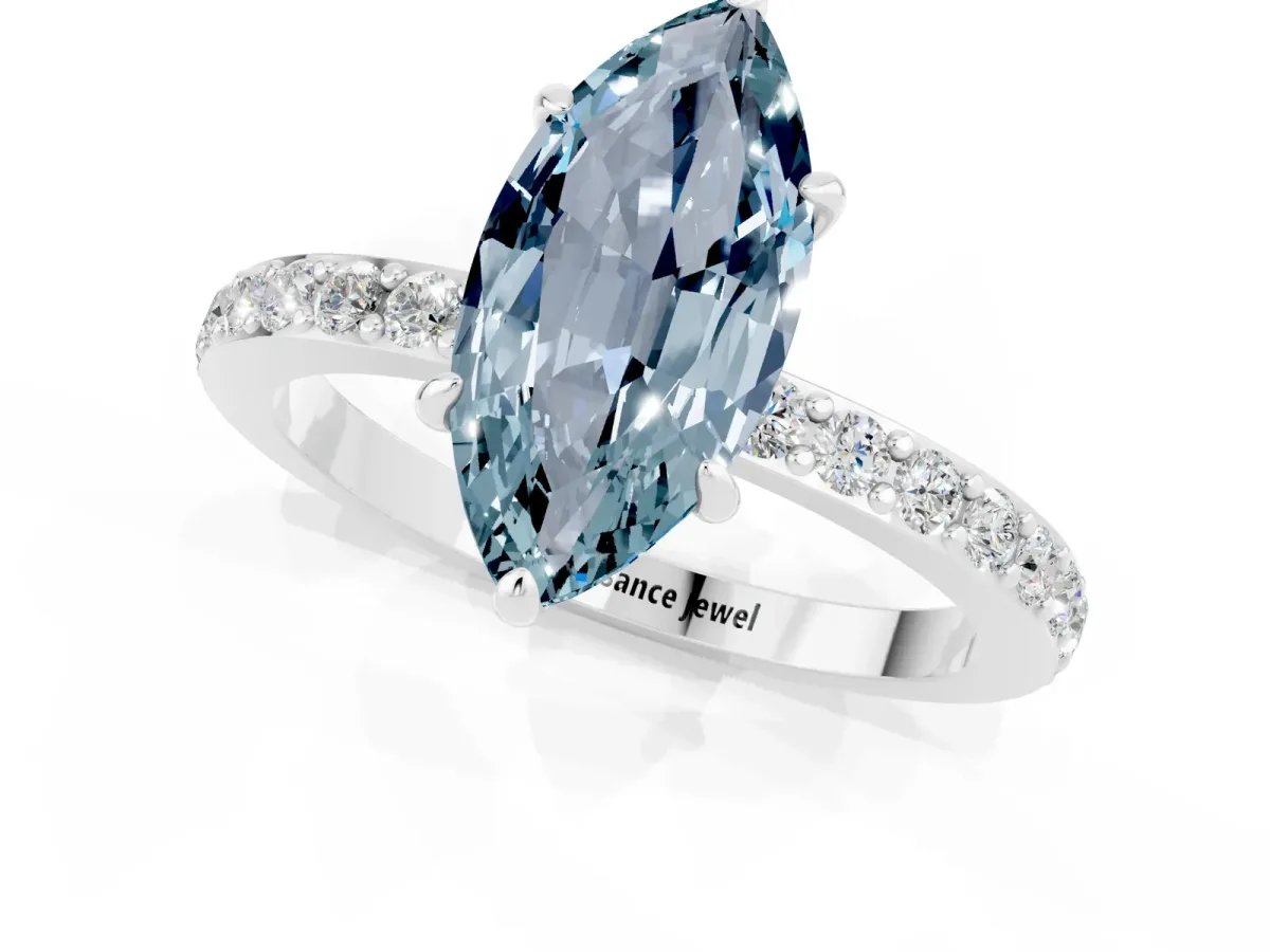 Marquise Cut Aquamarine Solitaire Engagement Ring with Pavé Band and Four-Prong Setting Platinum