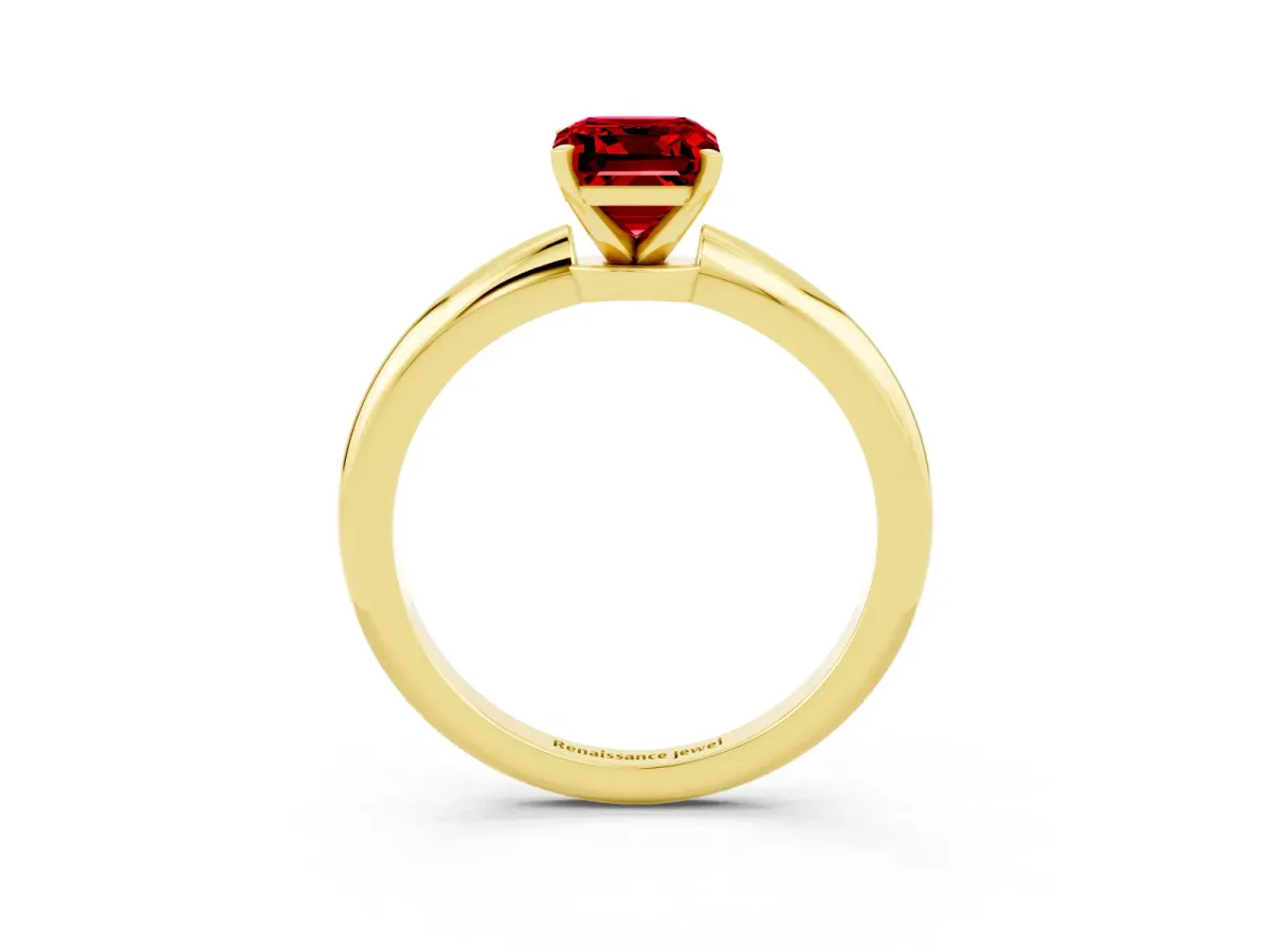 Emerald Cut Ruby Solitaire Ring with Six-Prong Setting and Classic Band Yellow gold